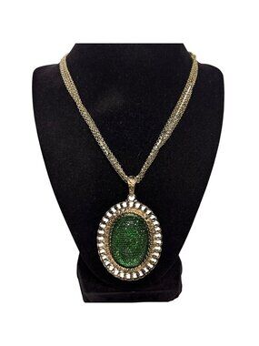 Erica Lyons 4 Strand Gold Tone Necklace With Large Green Oval Pendant (6313)